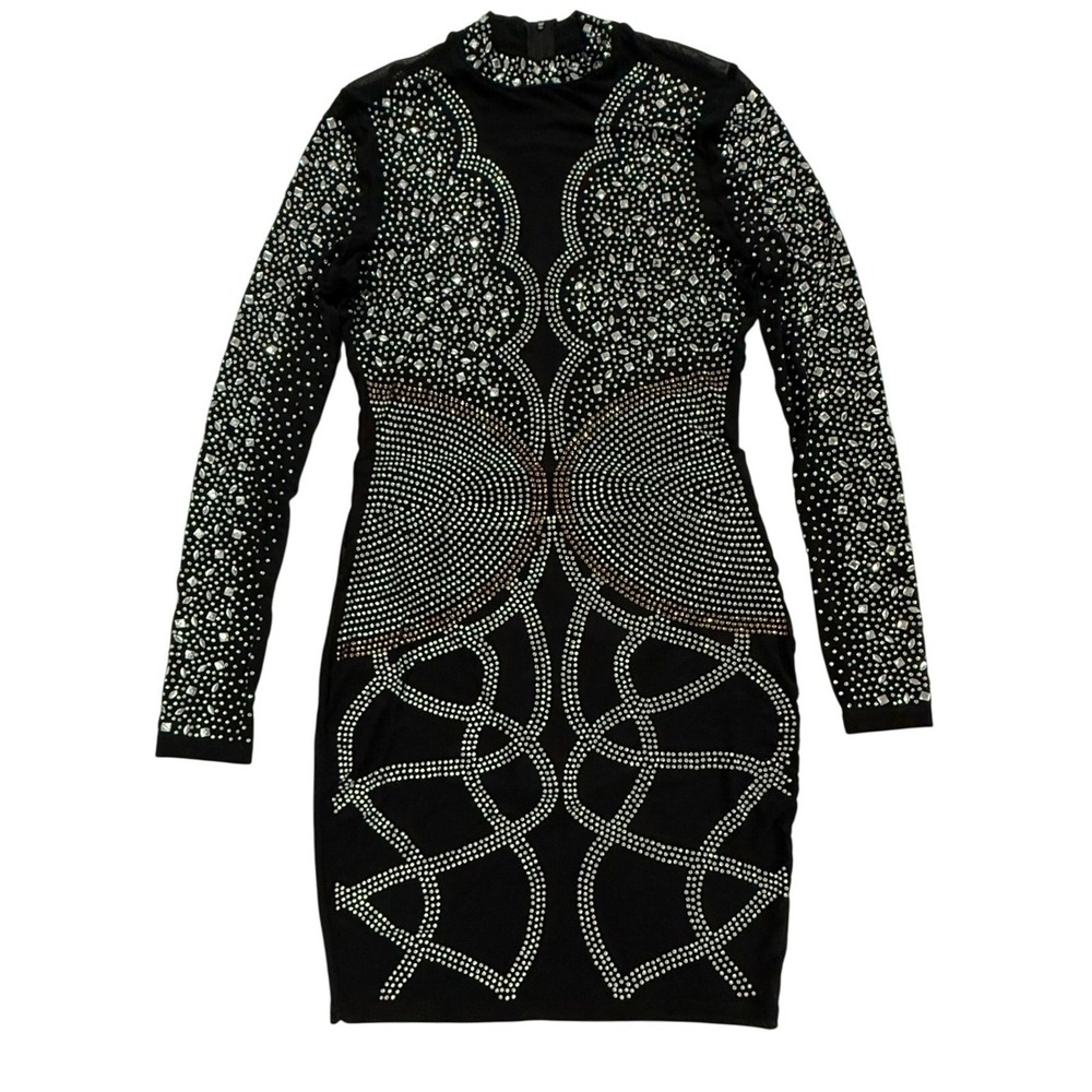 Banjul Black Rhinestone Embellished Mock Neck Bodycon Mini Dress Large W543